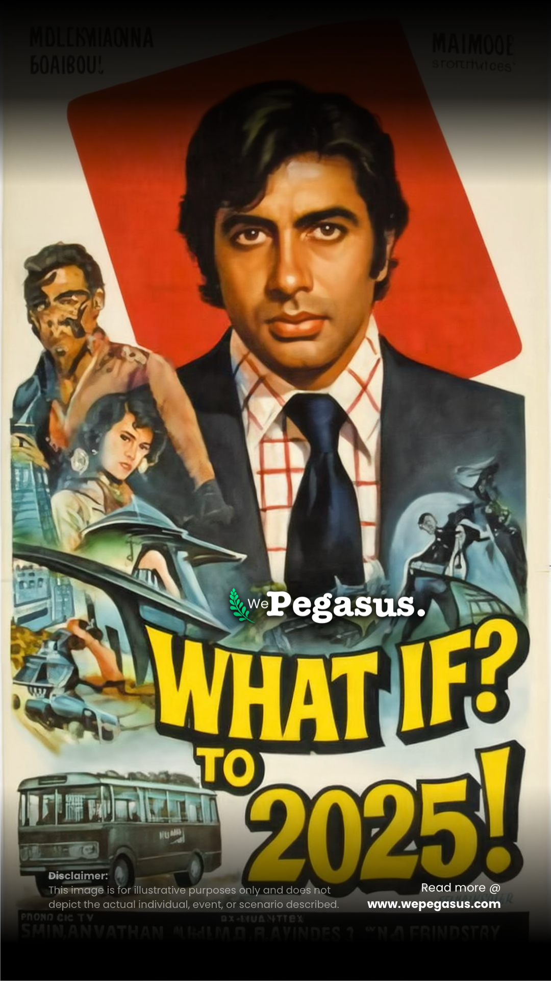 A retro Bollywood-style poster featuring a painted portrait of a young Amitabh Bachchan in a suit, surrounded by vintage illustrations of drama, vehicles, and futuristic elements, with bold yellow text reading “What If? To 2025!”