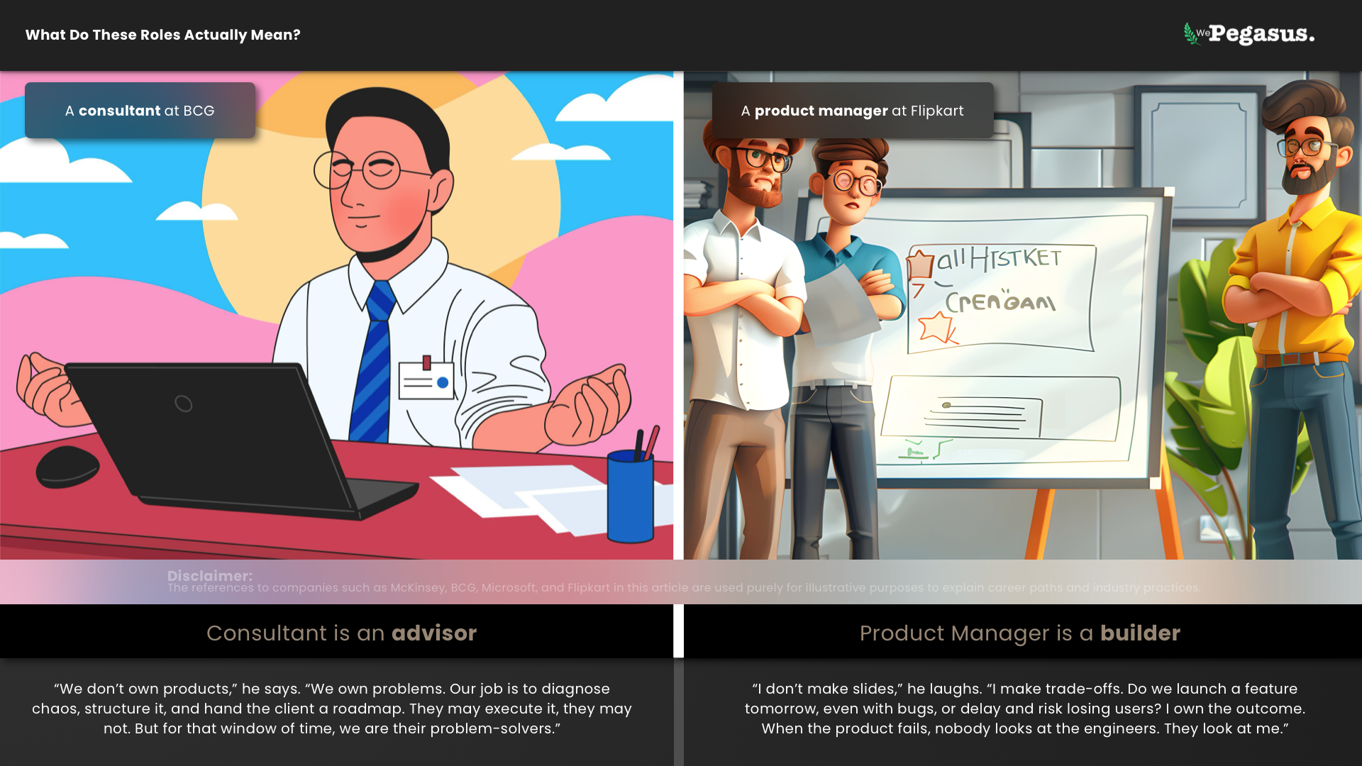 Cartoon illustration comparing a consultant at BCG and a product manager at Flipkart.