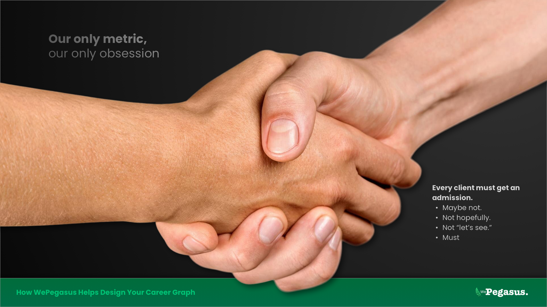 Two hands firmly clasped in a handshake against a dark background with text about client admissions