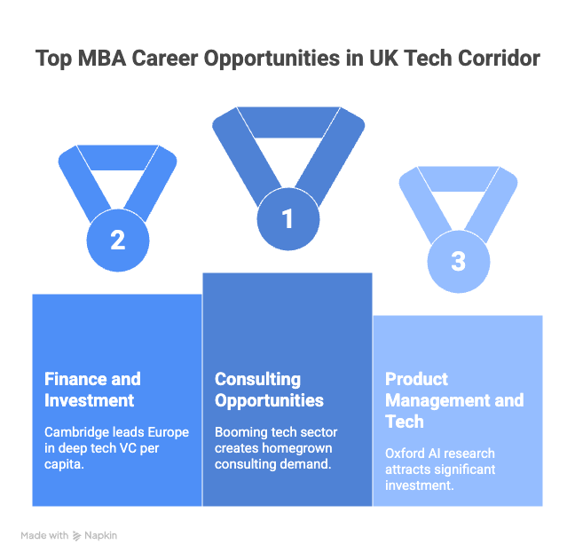 Top MBA career opportunities in UK tech corridor ranking chart showing consulting opportunities first, finance and investment second, product management and tech third for Oxford Cambridge MBA graduates