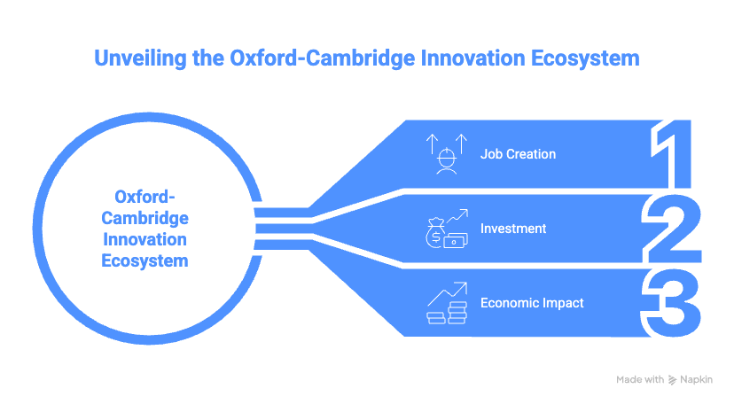 Oxford Cambridge Innovation Ecosystem infographic showing three MBA career impacts: job creation through corridor investment, investment opportunities for MBA graduates, and economic impact of £78 billion growth