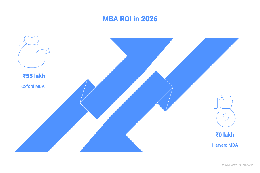 MBA ROI 2026 comparison chart showing Oxford MBA saves ₹55 lakh versus Harvard MBA ₹0 lakh for Indian students choosing UK MBA programs over Ivy League MBA programs for career change