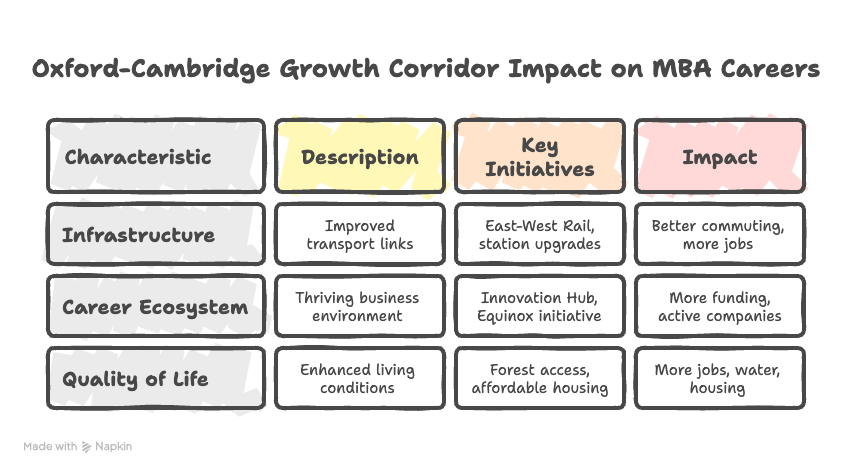 Oxford Cambridge Growth Corridor infographic showing MBA career impact through infrastructure investment, career ecosystem development, and quality of life improvements for international MBA students